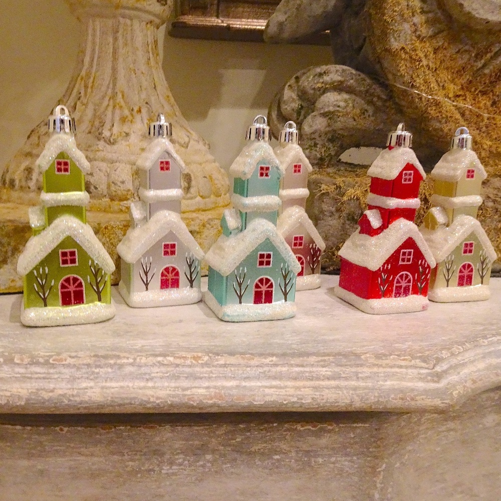 Sparkly Snow Christmas Cottage Glass Ornaments Winter Wonderland - Set of 6